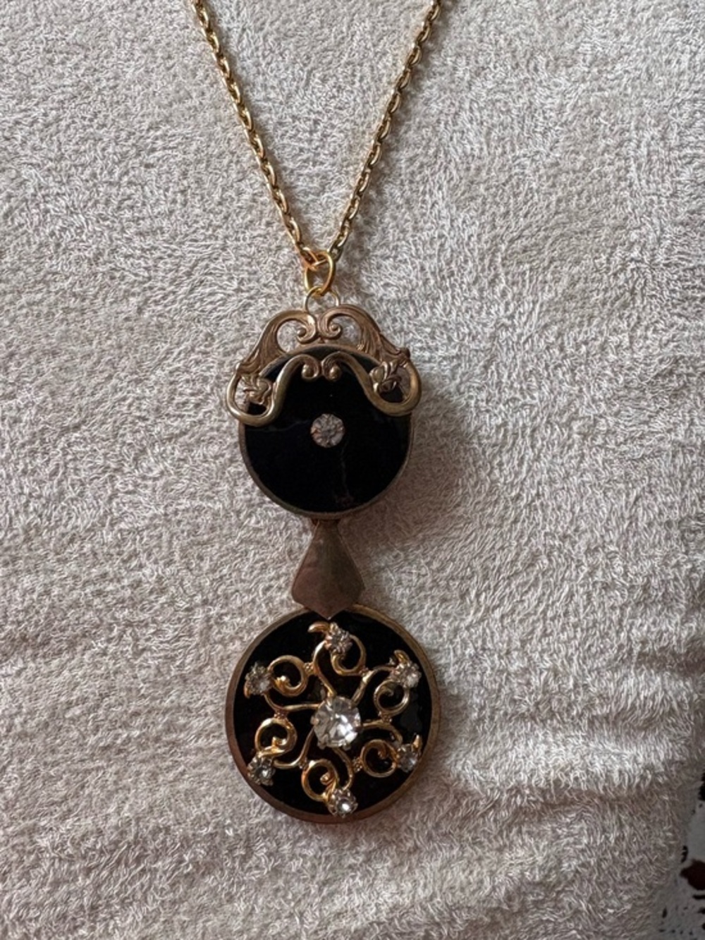 Antique Gold-Filled Black Enamel Pendant with Crystal Accents